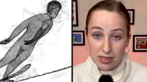 Composite image showing graphic of skier on the left and BBC journalist Madeline Gerber on the right