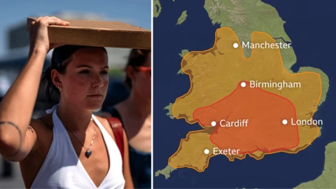 A composite image of a BBC graphic showing where a Met Office warning covers and a woman holding a pizza box over her head.