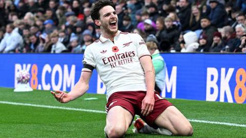 Declan Rice celebrates scoring for Arsenal