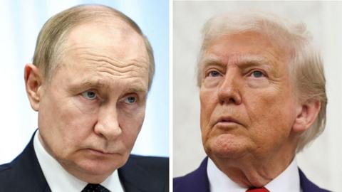 On the left is a picture of Russian President Vladimir Putin wearing a black tie and suit and white shirt, his eyebrows raised, looking serious. On the right is a picture of US President Donald Trump also looking serious, wearing a blue suit, red tie and white shirt.