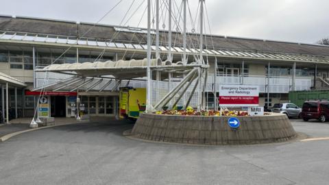 A sign saying Emergency Department and Radiology with a white wire frame behind it. 