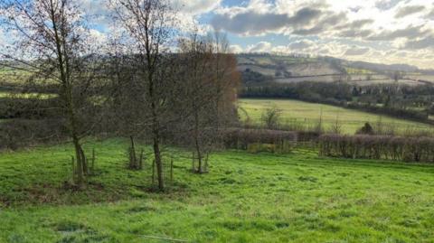 A view from a field in the Cotswolds, overlooking the rolling hills on a partly cloudy day