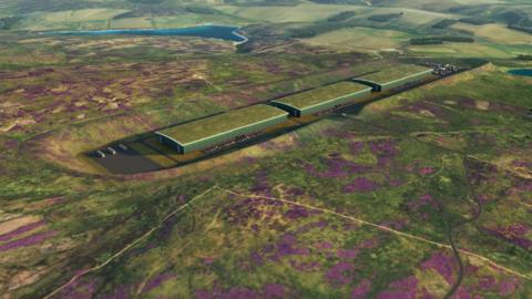 A computer-generated view of a data centre with a green roof blending in to the surrounding landscape