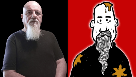 A photo of Stephen Spicer on the left. He is a bald man with a long white beard and wearing a black t-shirt. On the right is his self portrait, a caricature on a red background