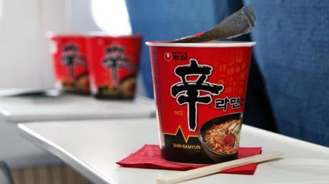 Shin Ramyun instant noodles on a flight