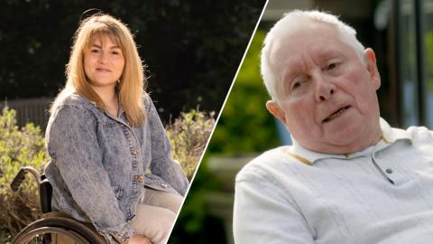 Split image of Ruth Madeley wearing a denim jacket, and her dad in a garden wearing a white t-shirt