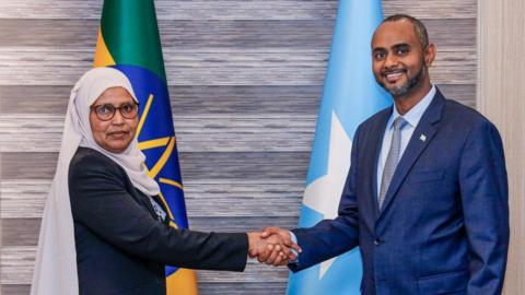 Ethiopian Defence Minister Aisha Mohammed shaking hands with a Somali official.