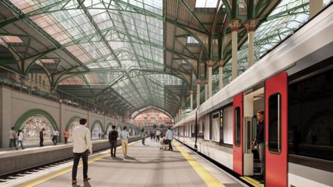 An artist's impression of the view from a platform in the building, with a wide flat paved platform under two adjoining glass vaulted roofs featuring green beams. To the left, people pass by large semi-circular windows with an etched design
