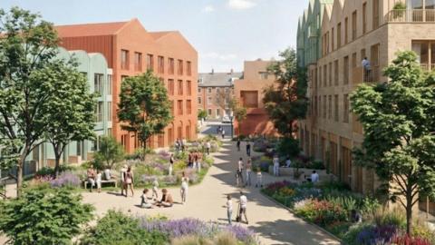 A computer generated impression of a new housing development, complete with different styles of modern buildings, landscaped flower gardens, trees, and people walking along wide footpaths.