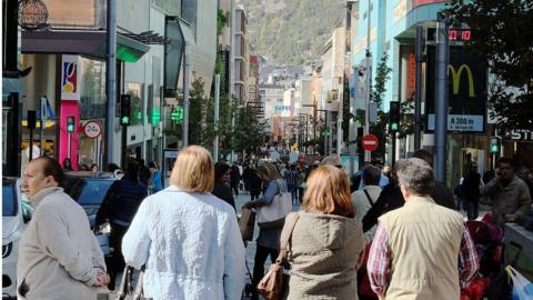 People walking in a shopping street in Andorra La Vella