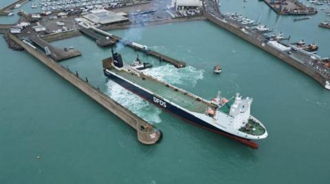A drone shot of a DFDS harbour