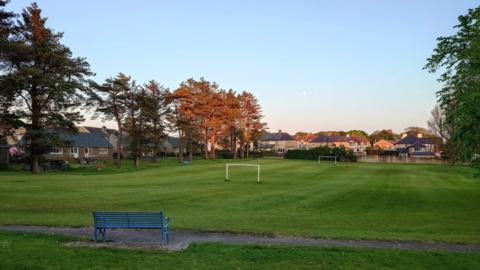 A mown grassy playing field with two football goalposts and a blue bench. There are trees along either side and houses in the background.
