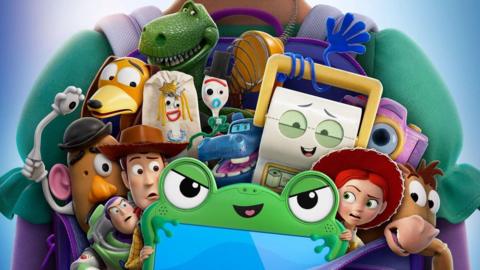 a group picture of characters from toy story 5, including woody, buzz, lilypad, jessie, bullseye, rex and Mr potatohead