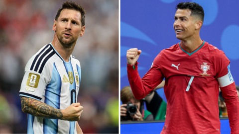 Lionel Messi (left) and Cristiano Ronaldo (right) celebrate goals at the World Cup