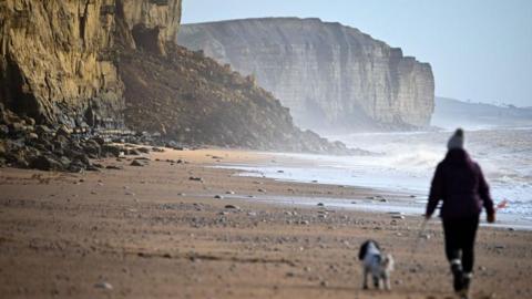 East Beach at West Bay on the Dorset coast. There are large cliffs with debris on the beach. A woman wearing a brown jacket with a small white dog on a lead walks on the beach