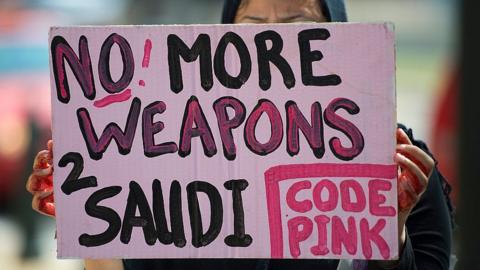 Demonstrators protest weapon sales to Saudi Arabia outside the Hart Senate Office building on Capitol Hill