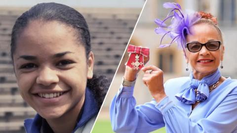 A split image of an archive photo of a young woman smiling and an image of the same person as a older woman in formal clothes and holding a medal.