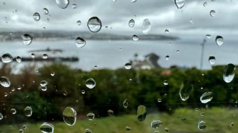 Rain drops on a window pane with some hedges and Douglas Bay on the other side of the window.