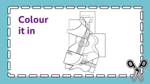 The words: Colour it in, next to a line drawing of an abstract Cubist design.
