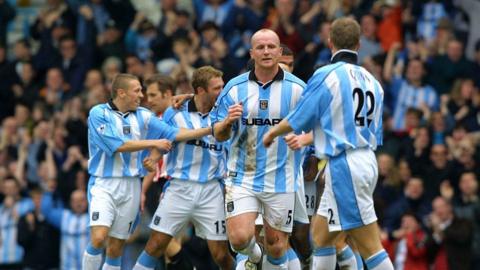  John Hartson of Coventry City celebrates during the Premier League match between Coventry City and Sunderland at Highfield Road on April 16, 2001