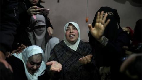 The mother of a Palestinian killed on the Gaza border on 30 March 2019, mourns at his funeral, 31 March 2019.