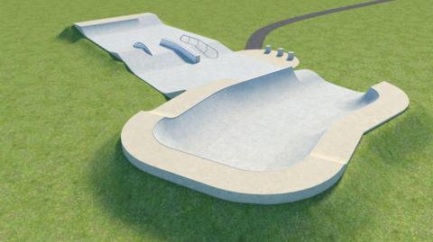 Computer image of a skate park surrounded by a green field in Bassetts Park in Wellingborough.