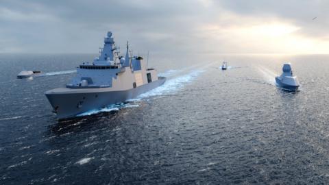 A concept image of a large traditional looking warship surrounded by smaller drone ships