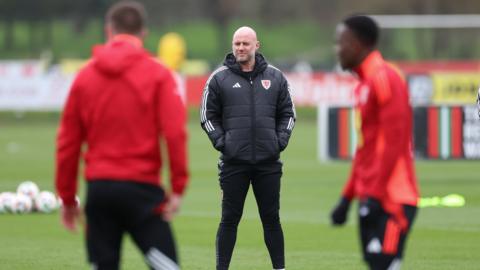 Wales boss Rob Page looks on during a training session