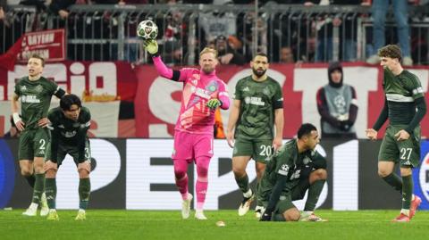 Kasper Schmeichel made eight saves during the second leg of Celtic's play-off tie against Bayern Munich