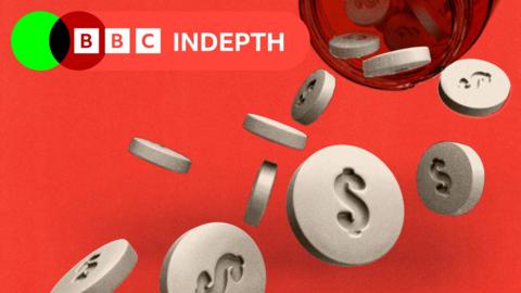 White pills on a red background. The pills have the dollar sign on them and are being poured out of a container at the top of the picture. The BBC InDepth branding is in the top left hand side of the picture