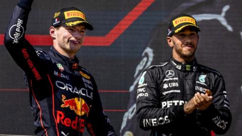 Max Verstappen and Lewis Hamilton on the podium together