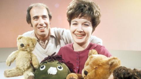 Julie Stevens with Humpty, Big Ted and Little Ted with Rick Jones in the background in the Play School studio.