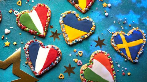 Colourful heart-shaped biscuits designed with the colours of European flags