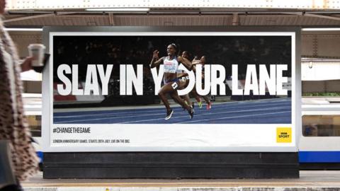 A BBC Sport poster featuring an image of black British sprinter Dina Asher-Smith reading: 'Slay in your lane.'