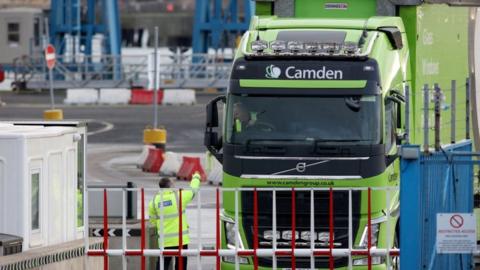 A lorry leaves Larne port in Northern Ireland