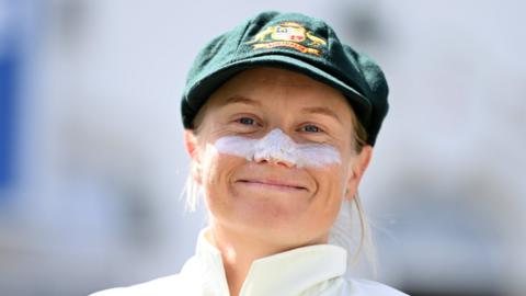 Australia captain Alyssa Healy smiles before taking the field in the one-off Ashes Test at Trent Bridge in 2023