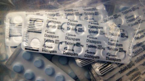 A close up image of foil Diazepam tablet cases in a large plastic bag.