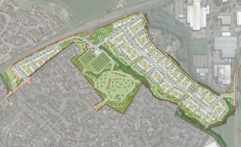 Image shows a design for a 248-home development, with the new housing highlighted in a lighter green and the housing already present in a muted grey 