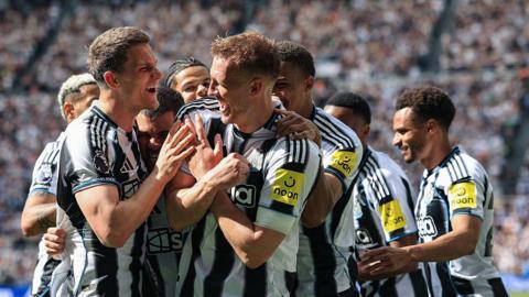 Dan Burn celebrates after scoring for Newcastle United against Brighton at St James' Park on 2 May, 2026