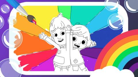 Nikhil and Jay, two line art drawings of brothers throwing their arms up, surrounded by a colourful rainbow.