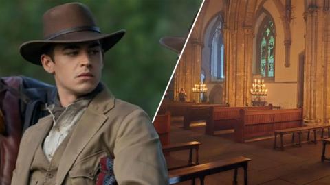 A split image of Fiennes Tiffin and a cathedral.