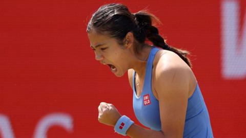 Emma Raducanu celebrates breaking her opponent's serve
