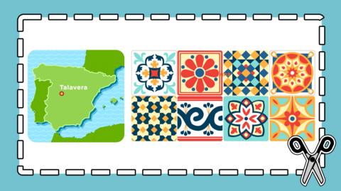 Colourful map showing location of Talavera in Spain, plus very colourful grid of tiles.