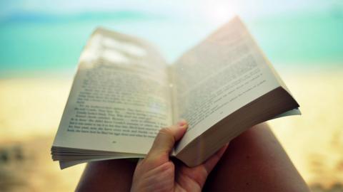 Reading paper book on the beach from personal perspective