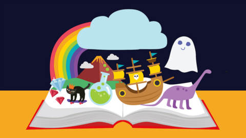 An illustration of a book exploding with imaginary characters, such as rainbows, ships and dinosaurs.