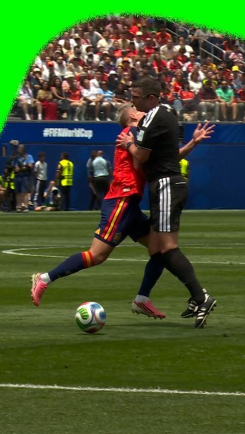 Spain's Dani Olmo and referee Michael Oliver clash mid-match and Spain play Belgium in the 2026 World Cup.