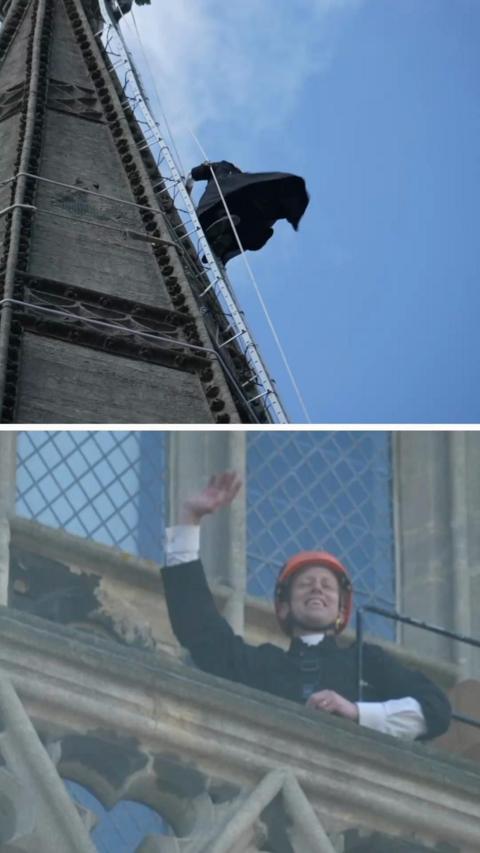 Split image of vicar in hard hat giving thumbs up and him walking up the spire, his cape blowing in the wind