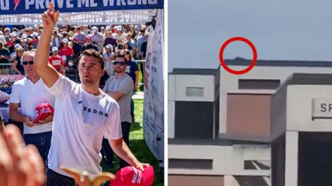 Kirk on left hand side with suspected shooter on roof on right hand side