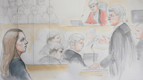 Courtroom sketch of judge and jury in Lucy Letby trial