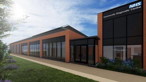 Artists impression of the new diagnostic centre, a single storey, sloped roof building featuring a large smoked glass windows.